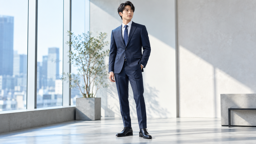 濃紺のビジネススーツを着た20代男性の全身コーディネート