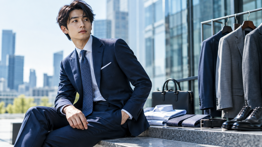 30代メンズのビジネススーツとシャツや革靴を合わせたコーディネート