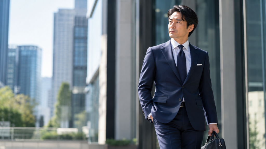 ネイビーのビジネススーツを着てオフィス街に立つ40代男性