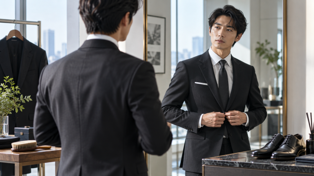 鏡の前で黒のビジネススーツのサイズと着こなしを確認する日本人男性