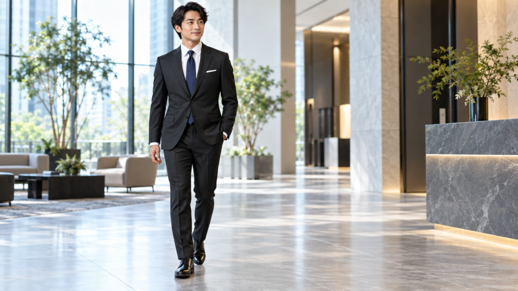 黒のビジネススーツに白シャツとネイビーのネクタイを合わせた日本人男性の仕事向けコーディネート