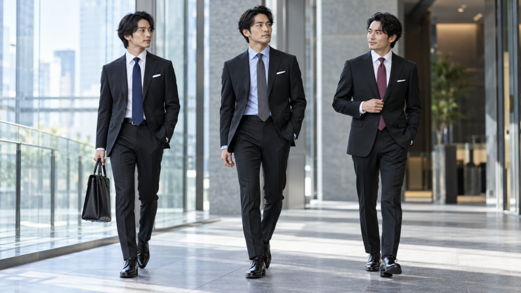 黒のビジネススーツに異なるシャツとネクタイを合わせた日本人男性3人の仕事向け着こなし比較