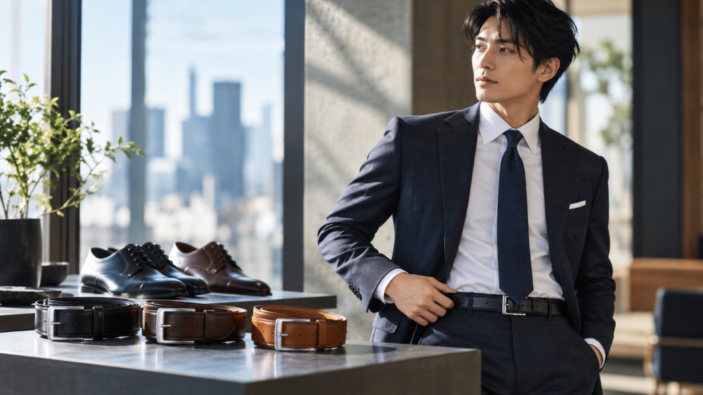ビジネススーツに合わせる黒と茶のベルトや革靴を比較する日本人男性
