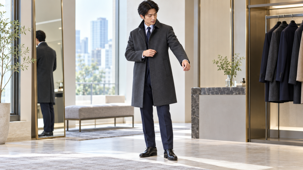 スーツの上からビジネスコートを試着して袖丈とサイズを確認する日本人男性