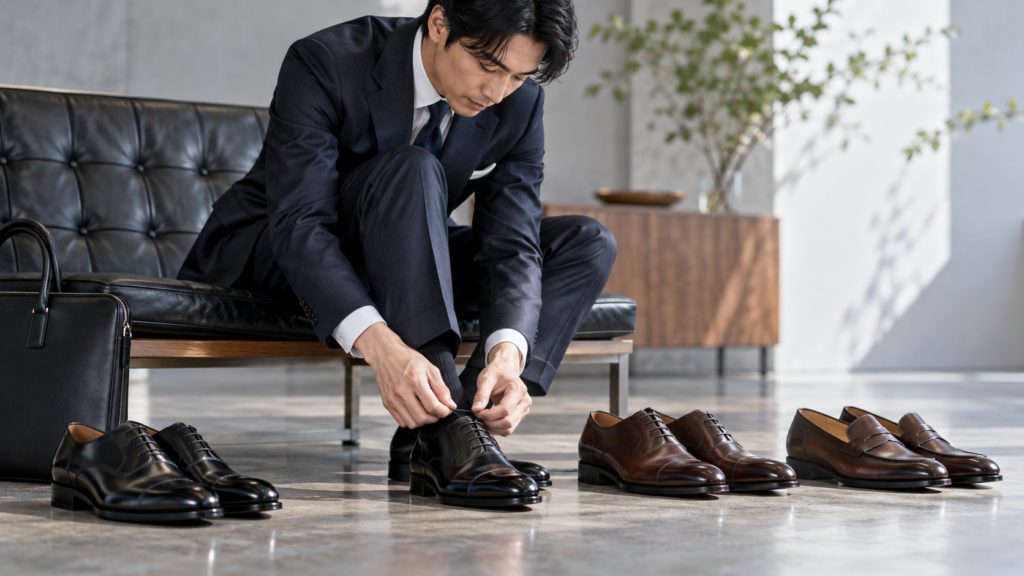 ビジネススーツ姿の男性が黒の紐革靴を試着し靴ひもを調整している様子