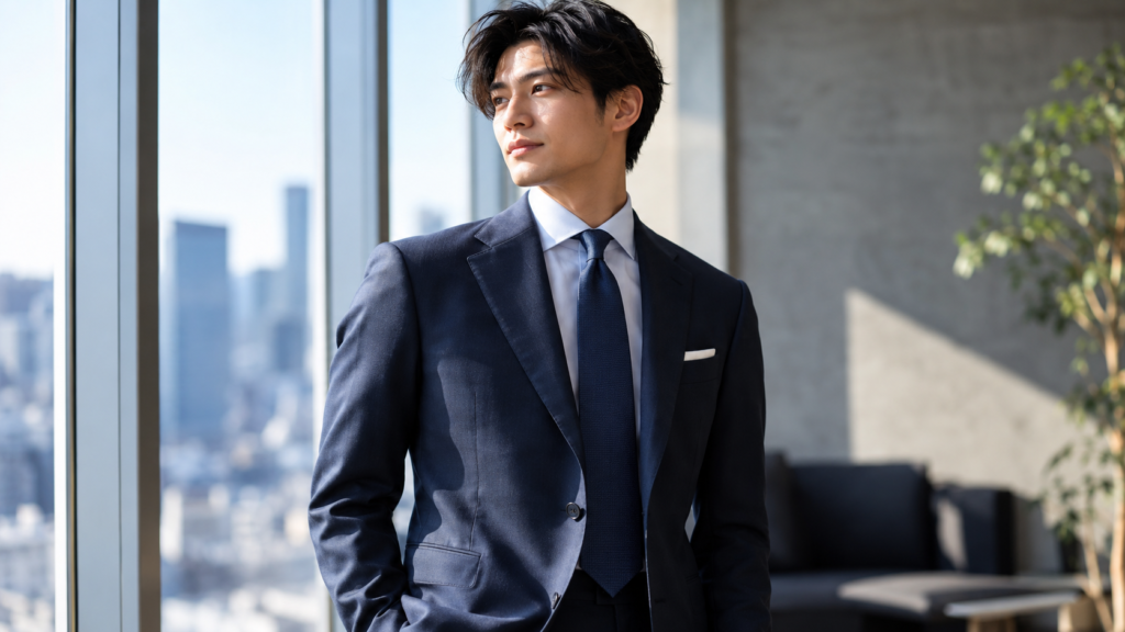 商談に適した白シャツとネイビータイを合わせたネイビービジネススーツの男性