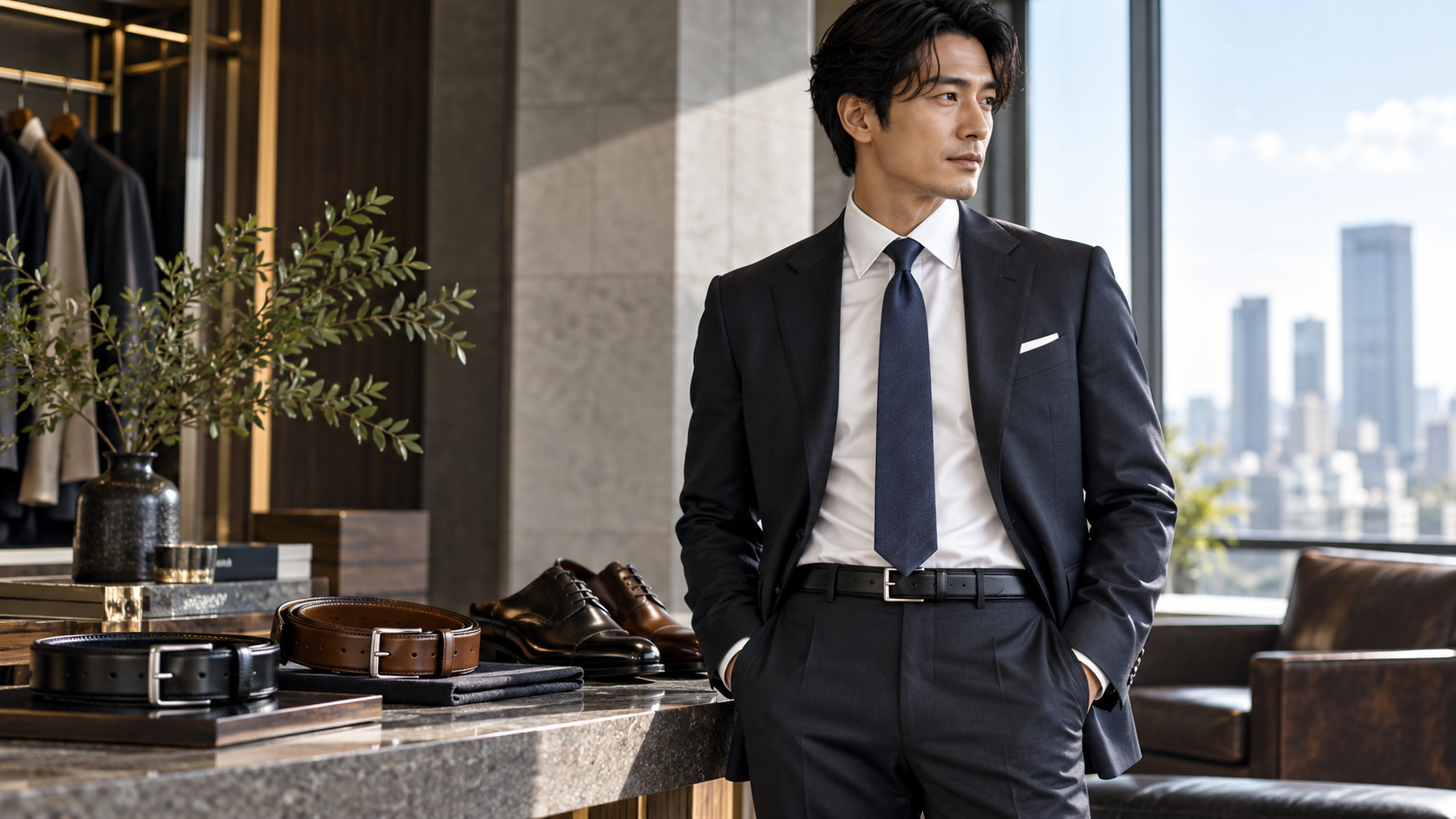 ビジネススーツに黒革ベルトを合わせ、黒と茶のベルトや革靴を選ぶ日本人男性