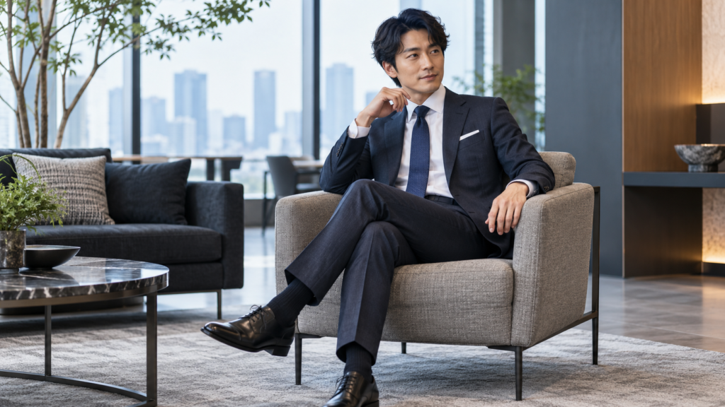 座るときにジャケットのボタンを外した男性のビジネススーツ姿