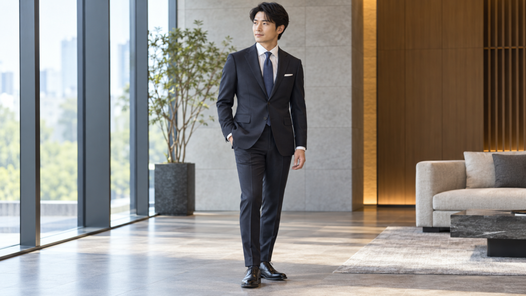 立ったときにジャケットのボタンを整えた男性のビジネススーツ姿