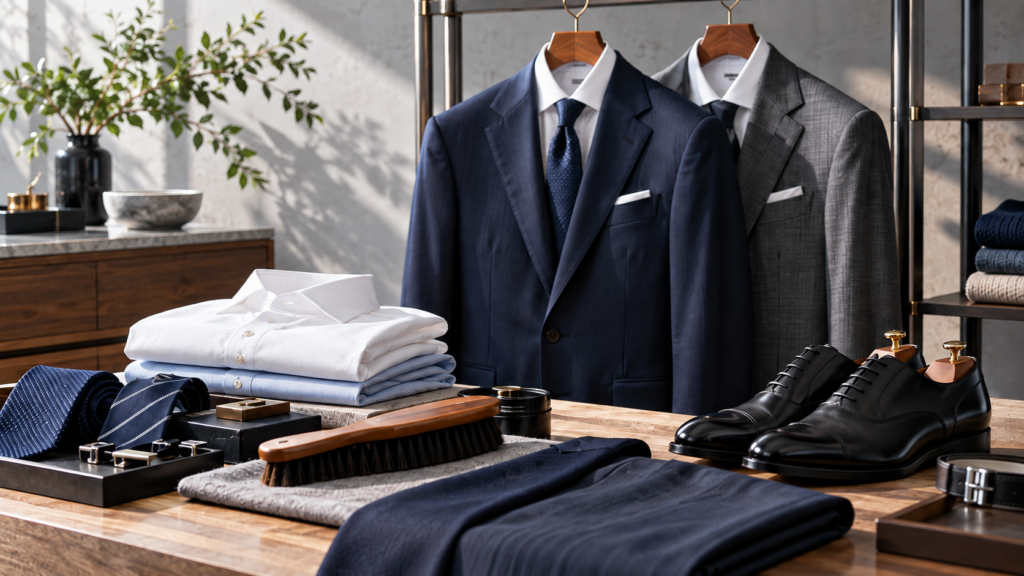 ビジネススーツとシャツ、革靴、洋服ブラシを並べたスーツの手入れ用品