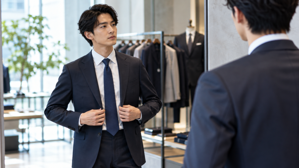 鏡の前でビジネススーツの肩幅やサイズ感を確認する男性