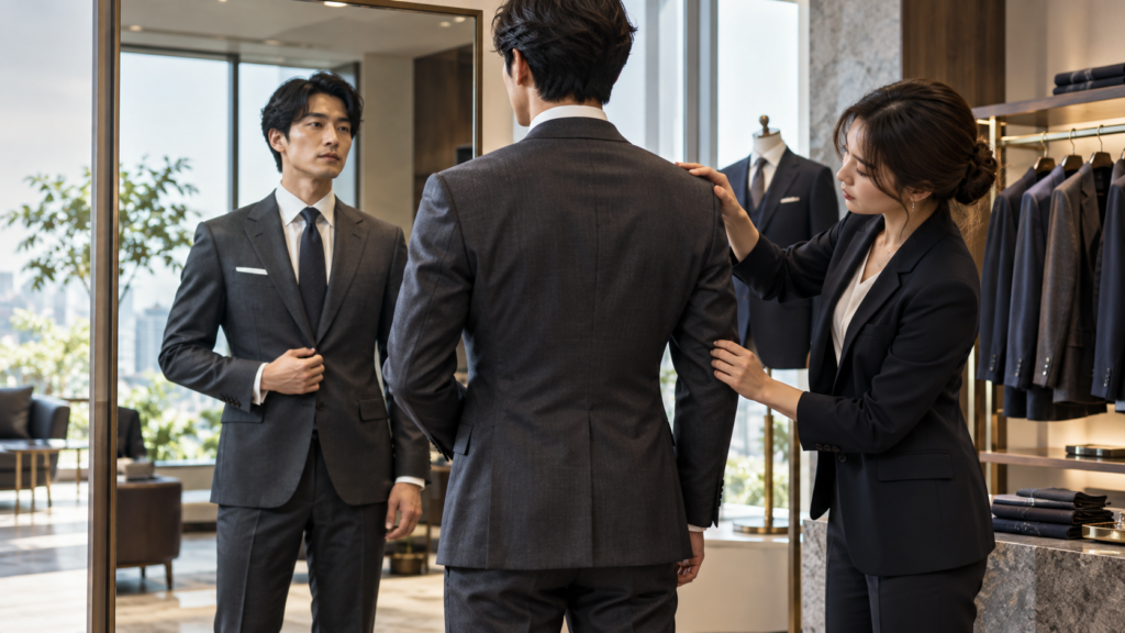 鏡を見ながらビジネススーツの肩や袖のサイズ感を確認する男性