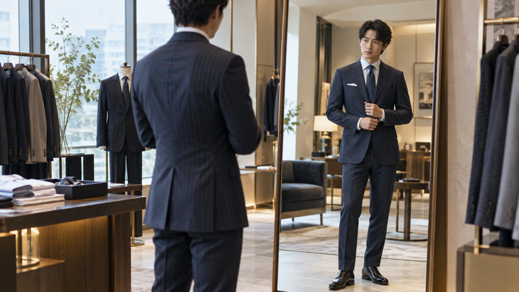 鏡の前でストライプ柄ビジネススーツのサイズ感と全身バランスを確認する日本人男性