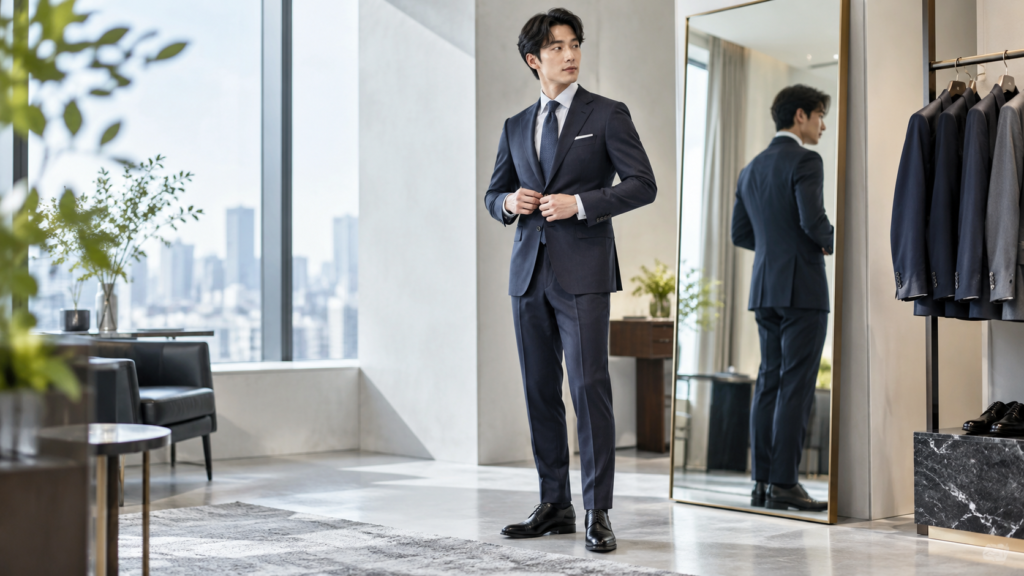 鏡の前でビジネススーツの肩幅や着丈などサイズ感を確認する日本人男性