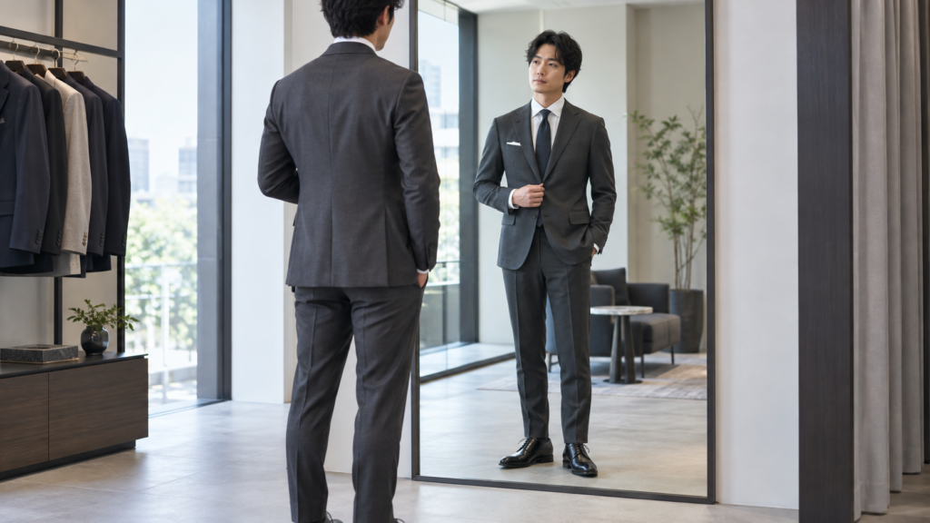 鏡でビジネススーツの着丈と全身のサイズバランスを確認する男性
