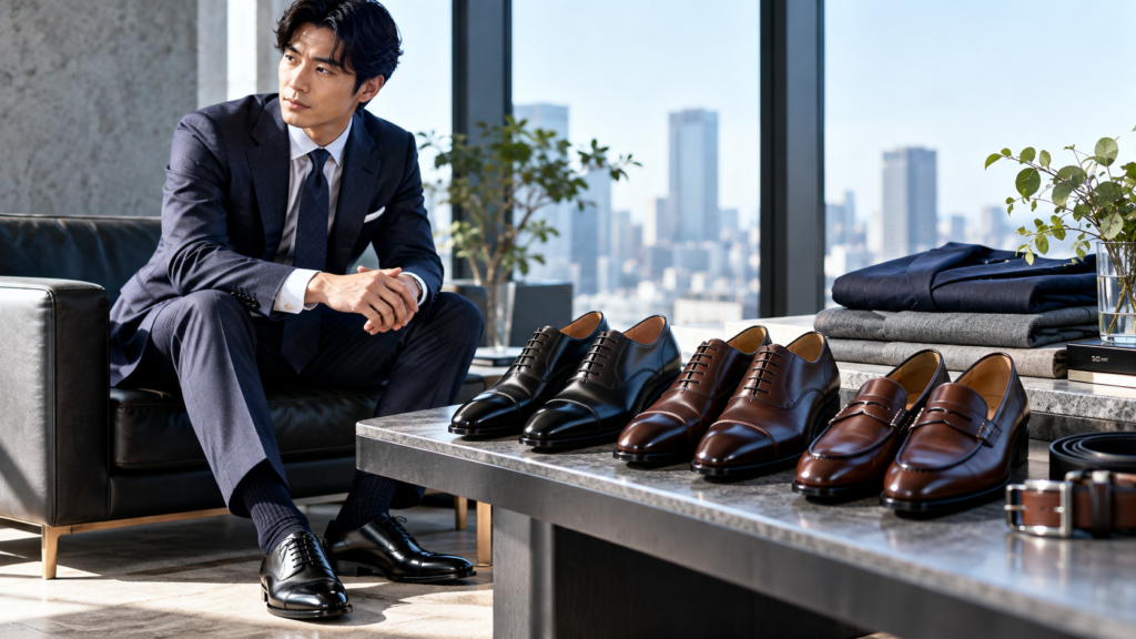 ネイビーのビジネススーツに合わせる黒と茶のメンズ革靴を比較する男性