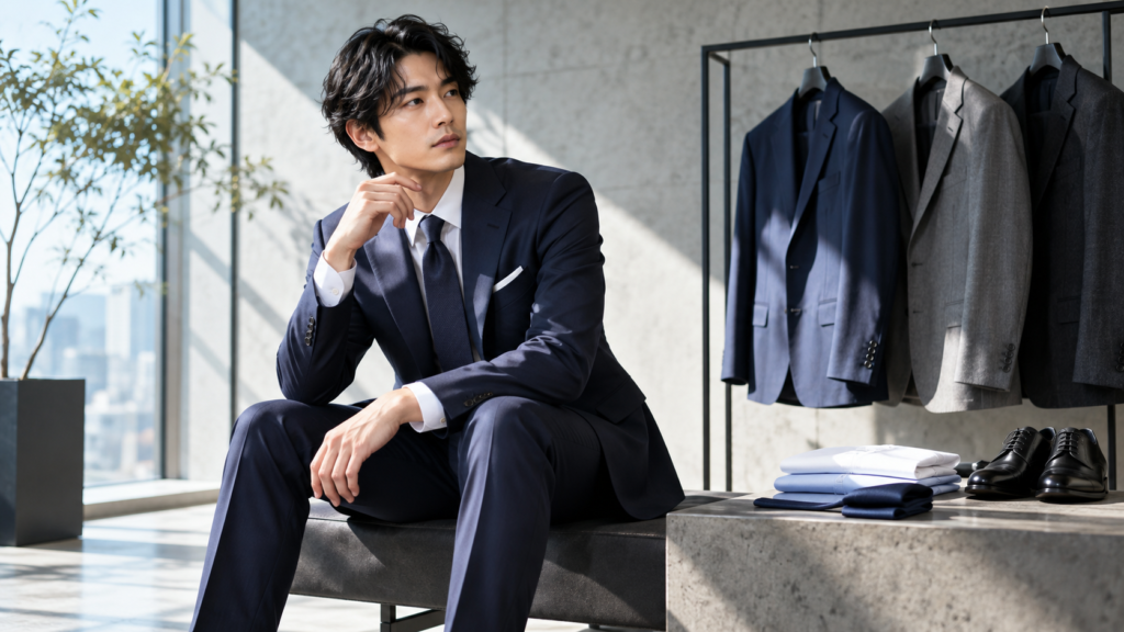 着用後のビジネススーツをハンガーに掛けて休ませながら着回すイメージ