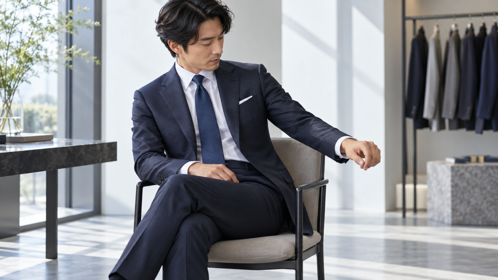 ビジネススーツの袖丈とシャツの袖口を座った状態で確認する男性