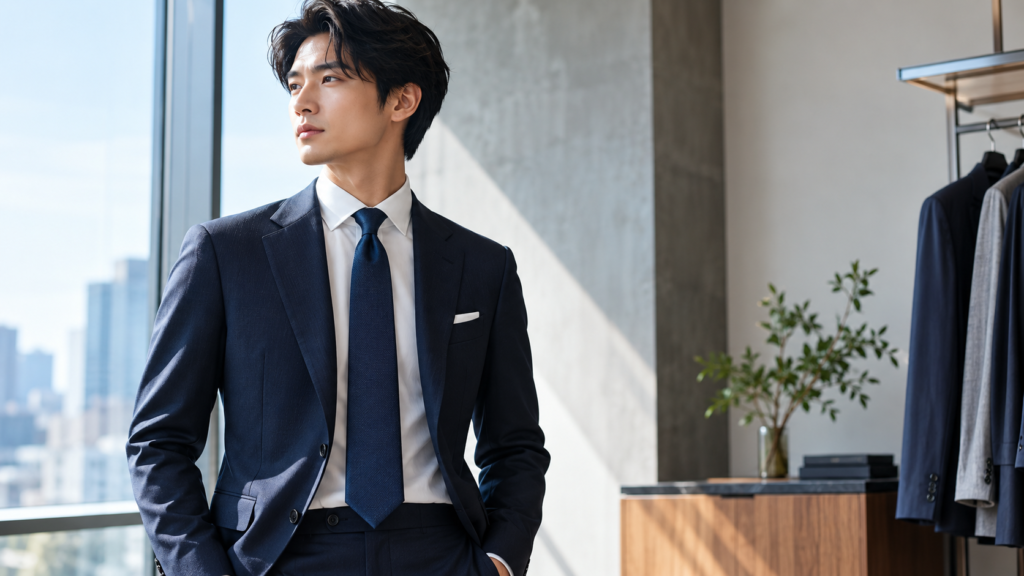 自然光の中でネイビーのビジネススーツとネクタイの組み合わせを確認する男性