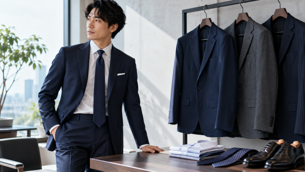 ネイビーとグレーのビジネススーツをシャツやネクタイで着回すメンズコーディネート