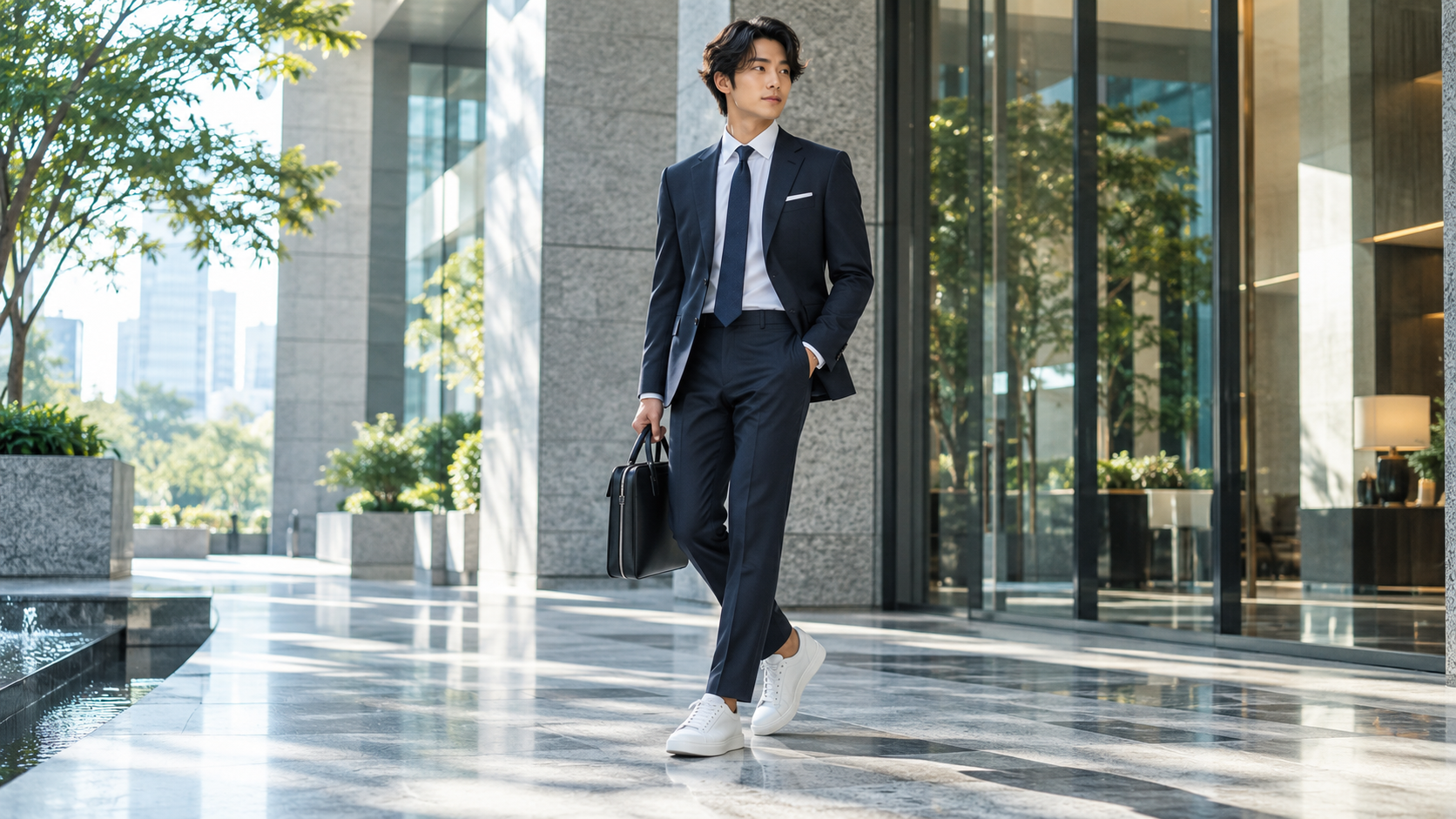 ビジネススーツに白スニーカーを合わせた男性の着こなし