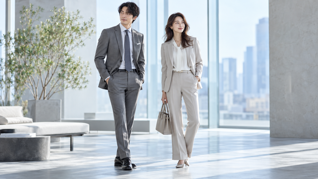 ミディアムグレーとライトベージュのビジネススーツを着た男女