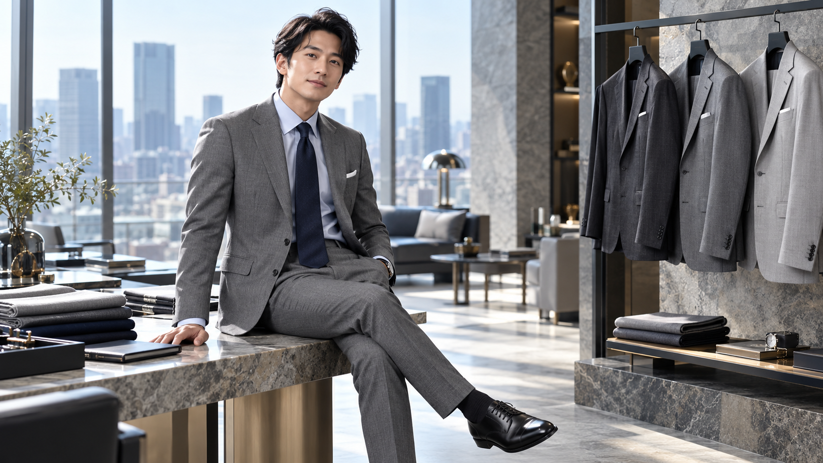 グレーのビジネススーツを着た男性とチャコールからライトグレーまでのスーツ