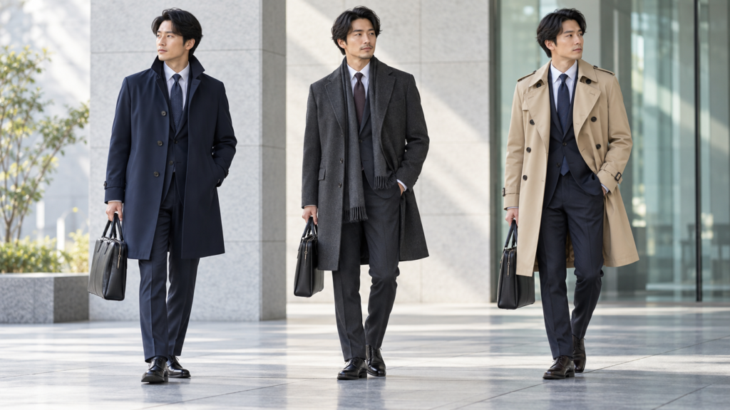 ネイビー・チャコール・ベージュのビジネスコートをスーツに合わせた日本人男性3人
