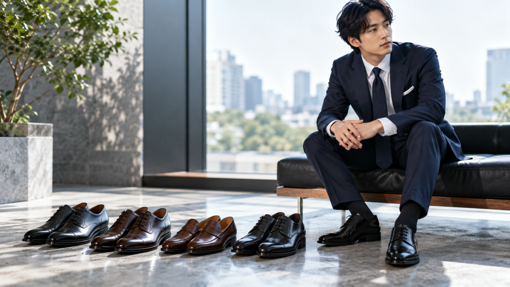 ビジネススーツに合わせる黒と茶の紐革靴やローファーを比較したイメージ