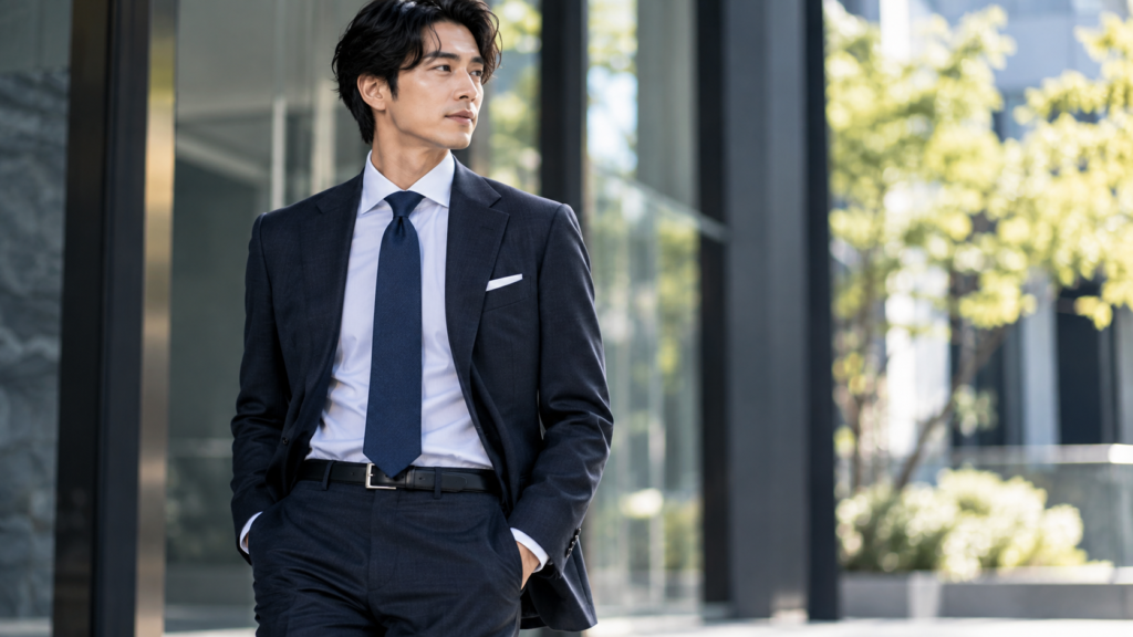 ネイビービジネススーツに黒の革ベルトを合わせた日本人男性の着こなし