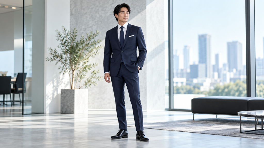 ネイビーのビジネススーツに白シャツと黒革靴を合わせた日本人男性の全身スタイル