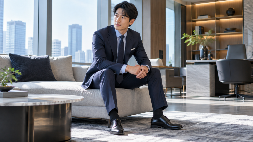 ネイビーのビジネススーツを着て座ったときのサイズ感と着心地を確認する男性