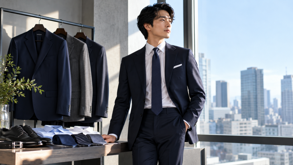 ネイビーとチャコールグレーのビジネススーツを揃えた男性のワードローブ