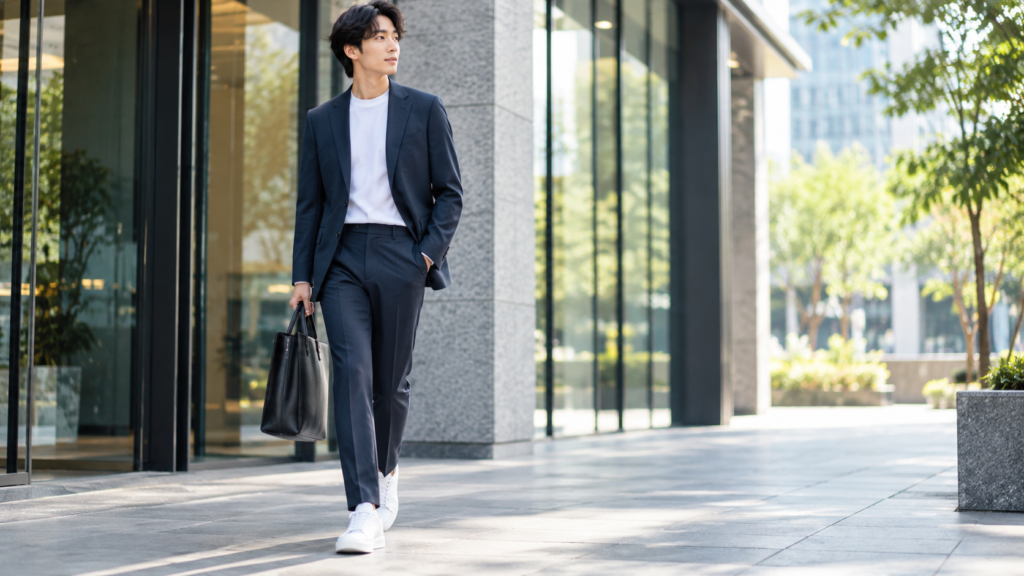 suit-business-casualネイビースーツに清潔な白スニーカーを合わせたビジネススタイル