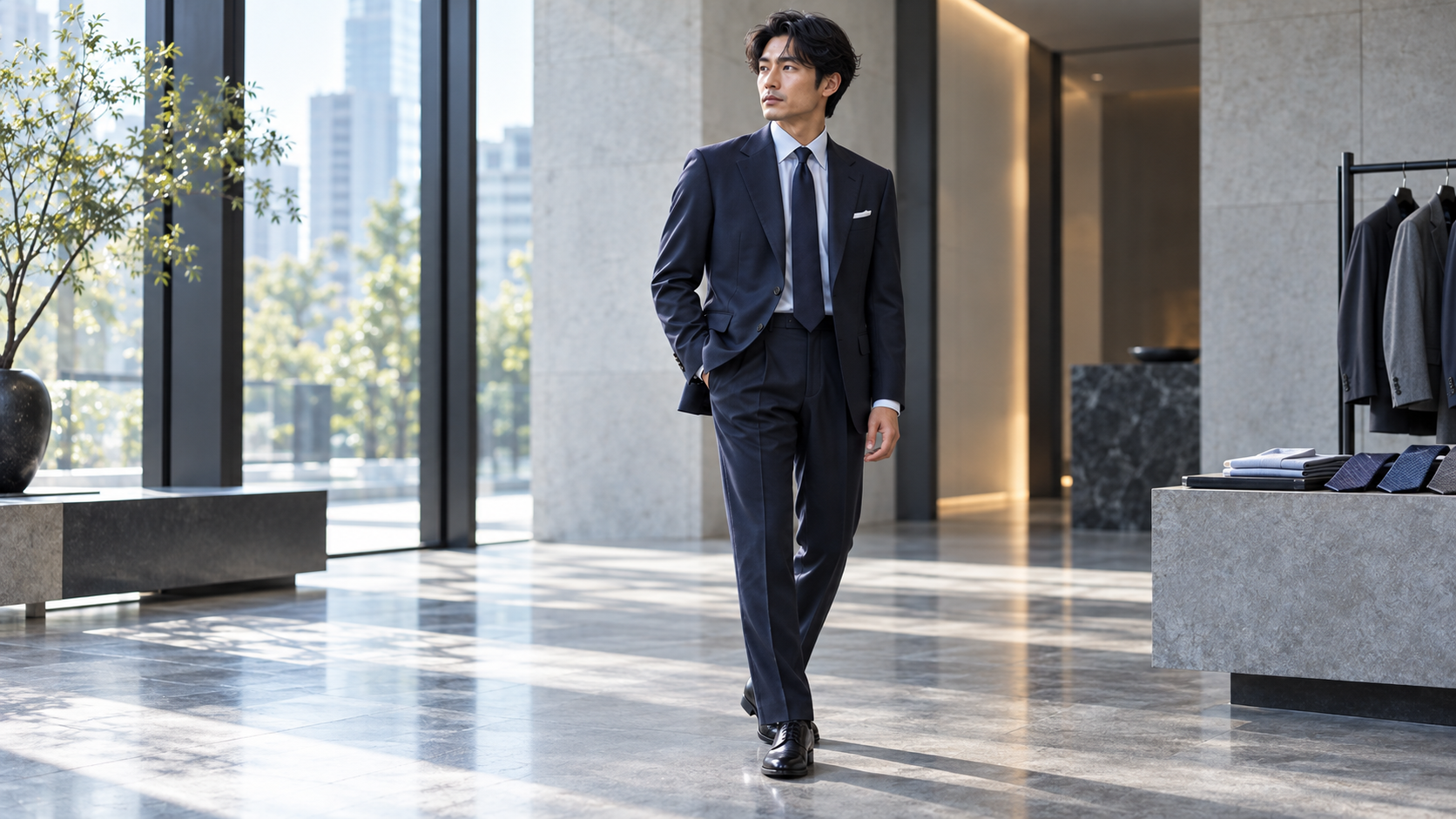 2026年のビジネススーツトレンドを表現したネイビースーツ姿の日本人男性