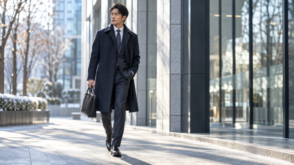 冬のビジネス街を歩く30代男性のネイビーコートとスーツ