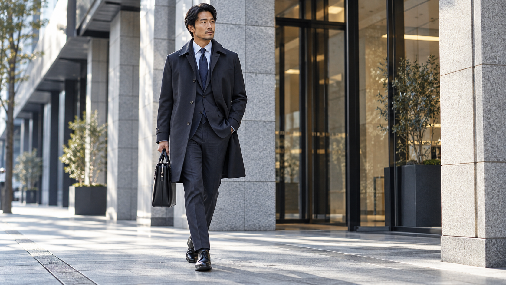 おしゃれで暖かいネイビービジネスコートを着た40代男性