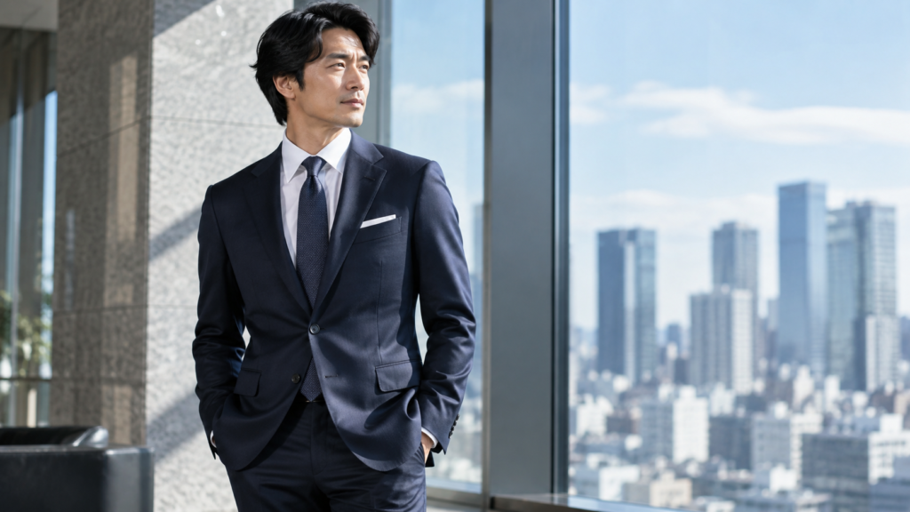肩や胴回りが体型に合ったネイビーのビジネススーツを着る40代男性