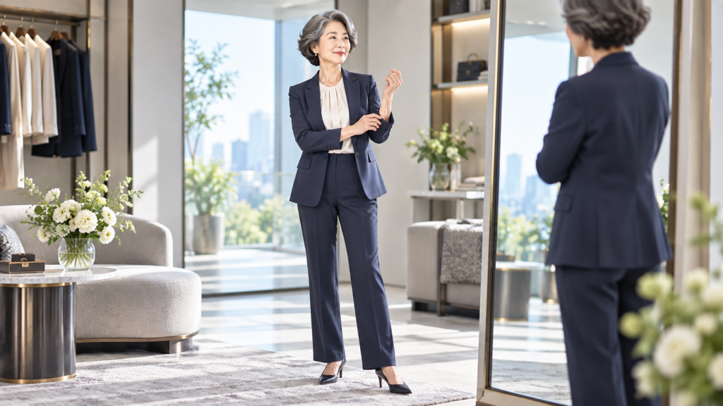 鏡の前で肩と袖丈を確認する60代女性のビジネススーツ試着