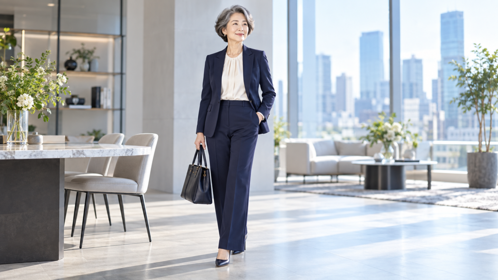 ネイビーのパンツスーツを上品に着こなす60代女性のビジネススタイル