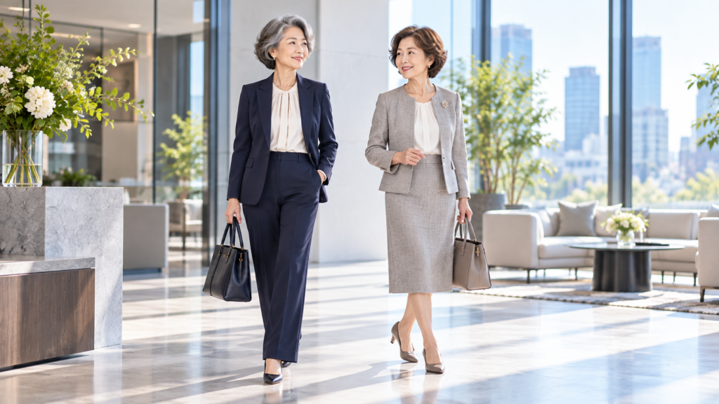 パンツスーツとスカートスーツを上品に着こなす60代女性