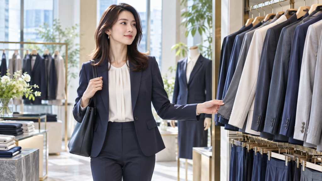 レディースビジネススーツを選ぶネイビーのパンツスーツ姿の女性とジャケット売り場