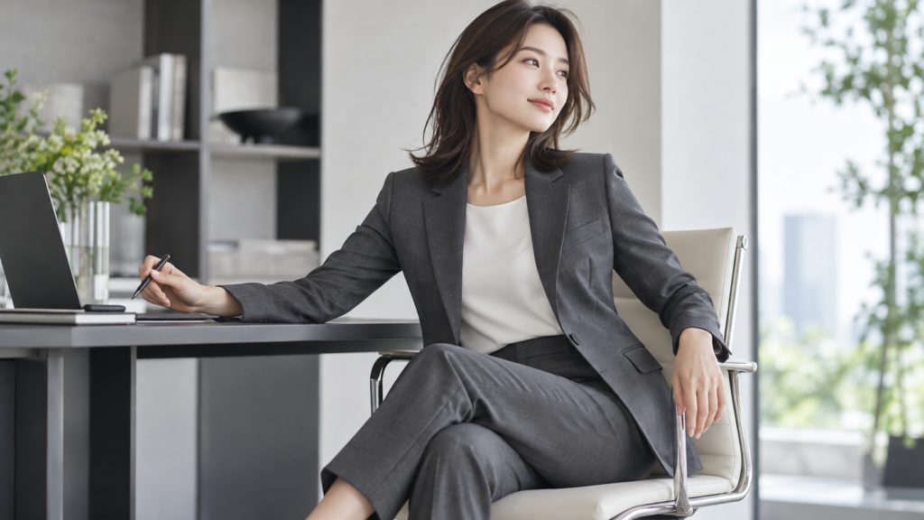 グレーのレディースビジネススーツを着てオフィスの椅子に座る女性の仕事姿