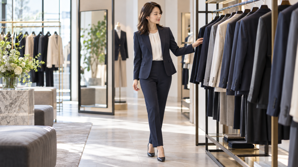 スーツ専門店でレディースビジネススーツを選ぶネイビーのパンツスーツ姿の女性