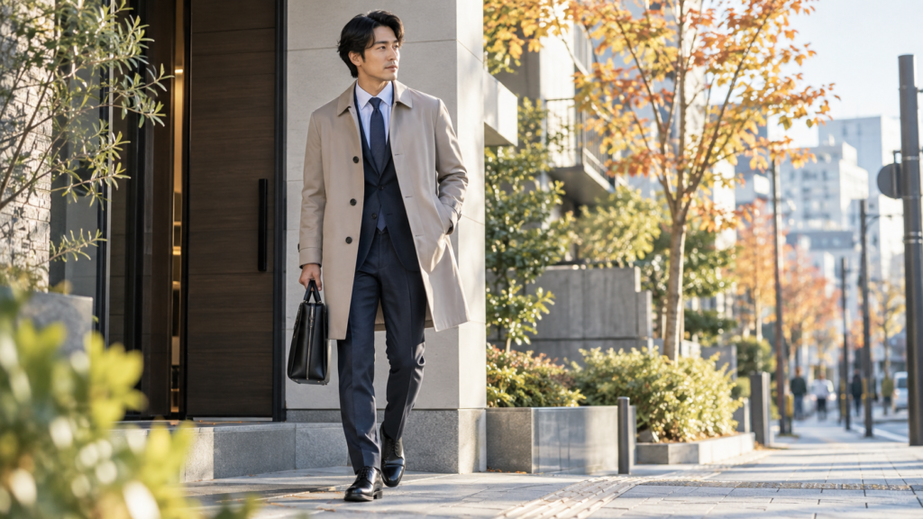 秋の通勤でベージュの薄手ビジネスコートをスーツに合わせる男性