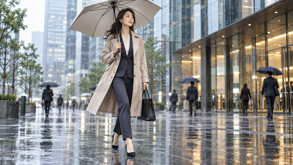 ベージュのレインコートをスーツの上に着て雨の日に通勤する女性