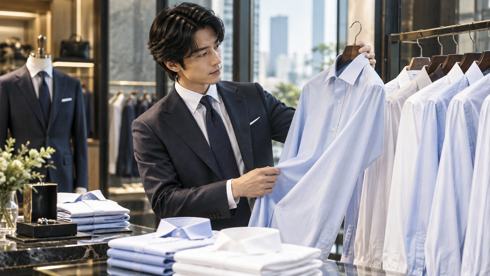 高級紳士服店で淡いブルーのビジネスワイシャツを手に取り選ぶ紺スーツ姿の日本人男性