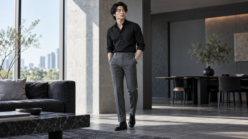 黒いビジネスワイシャツにグレーのスラックスを合わせた男性のノーネクタイコーディネート