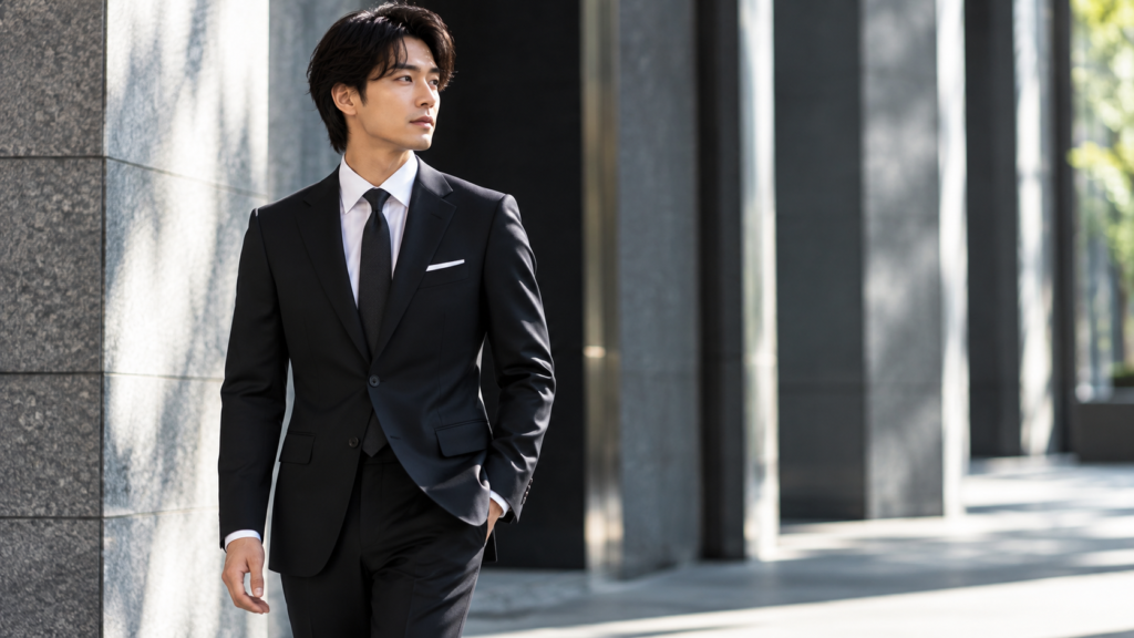 黒のビジネススーツを着て歩く男性の全身コーディネート