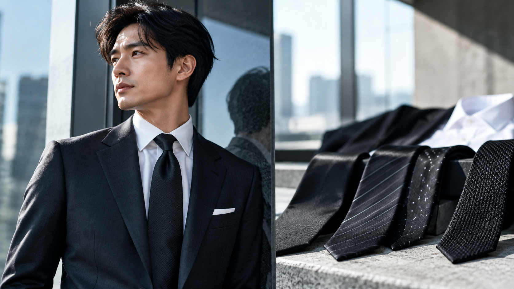 チャコールスーツに黒ネクタイを合わせた日本人男性とストライプ・ドット・ニットタイの比較